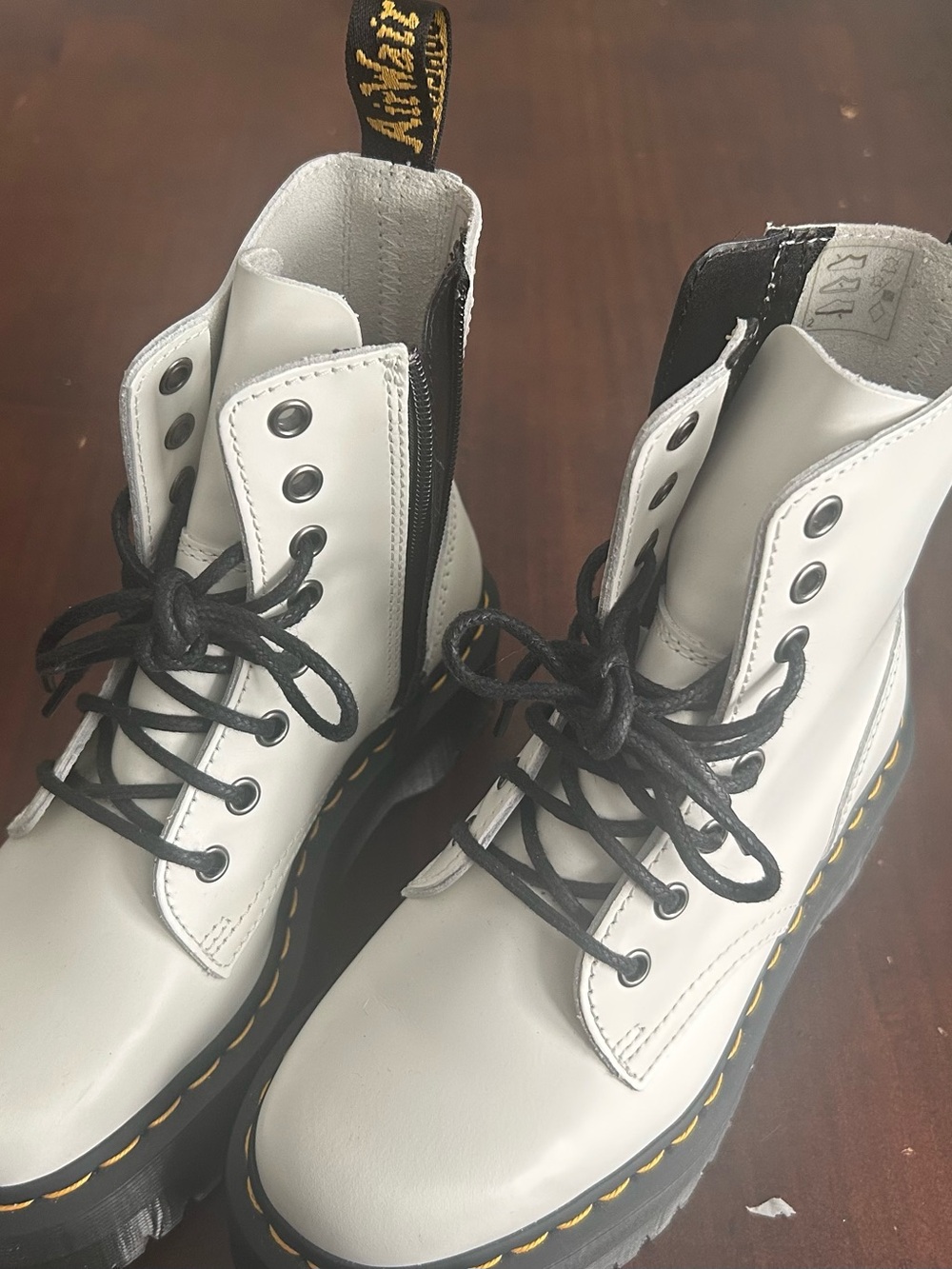Dr. Martens White Leather Boots with Black Sole and Yellow Heel Tab